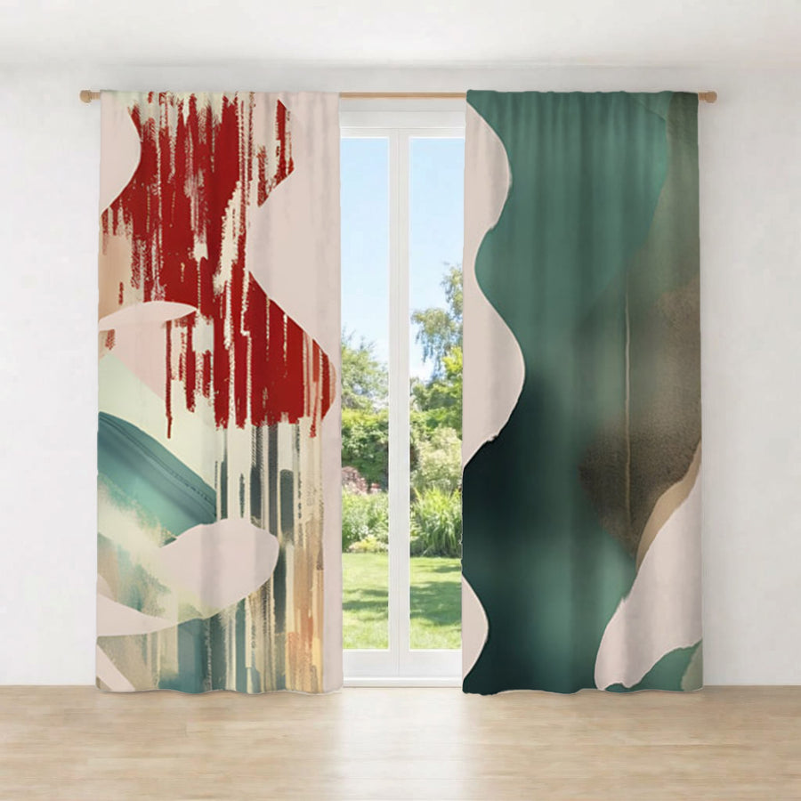 Beige and Green Abstract Shape Pattern Window Curtains