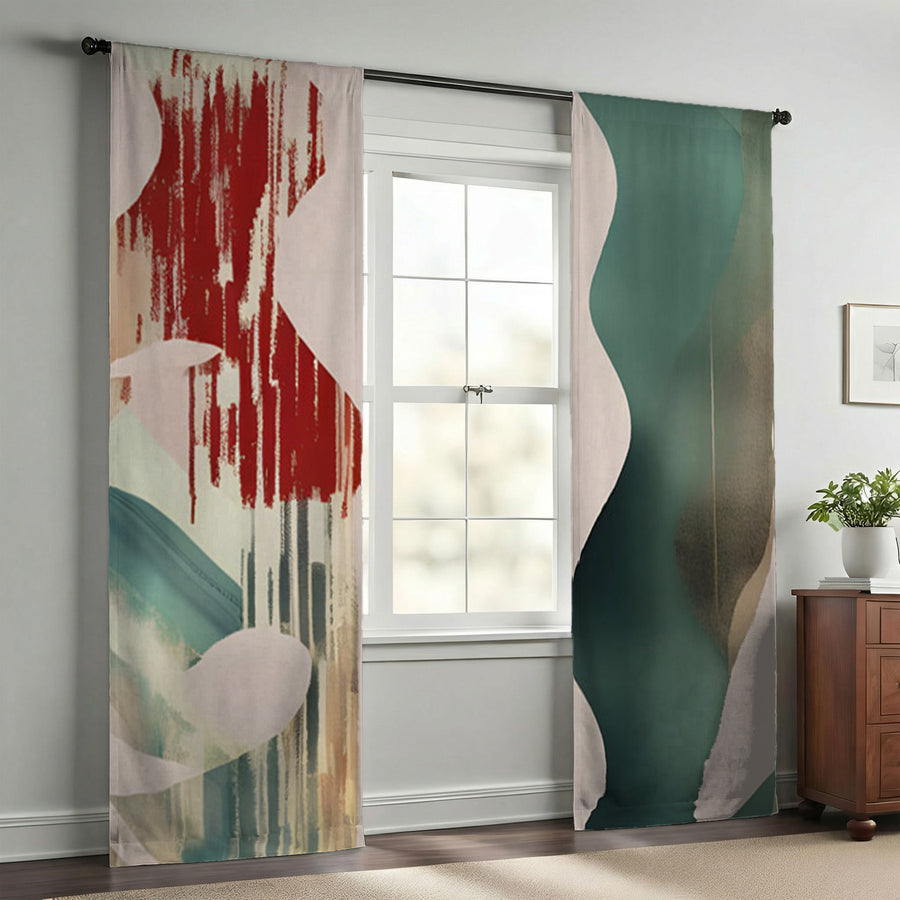 Beige and Green Abstract Shape Pattern Window Curtains