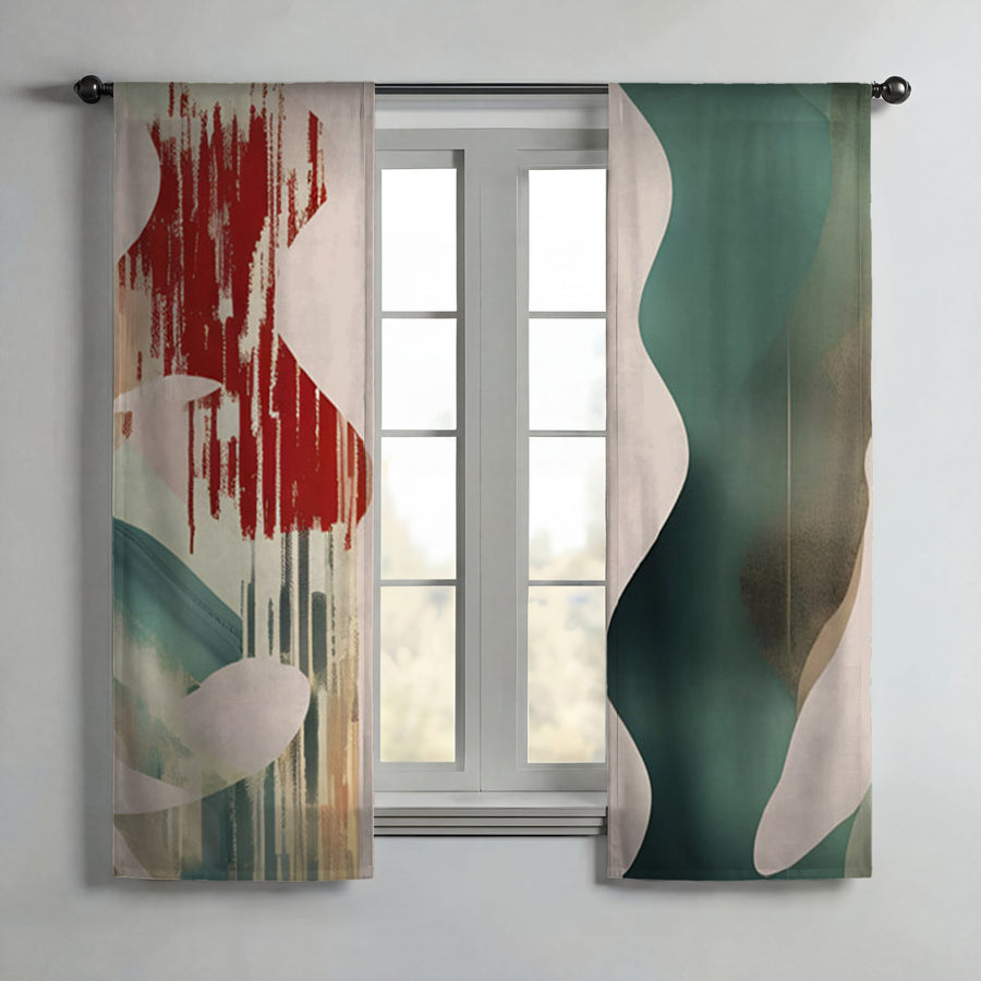 Beige and Green Abstract Shape Pattern Window Curtains