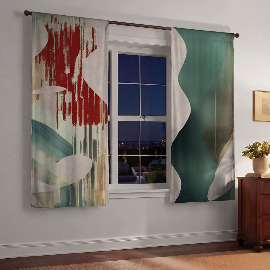 Beige and Green Abstract Shape Pattern Window Curtains