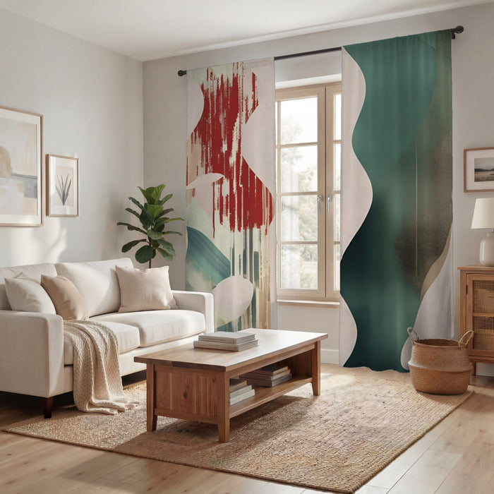 Beige and Green Abstract Shape Pattern Window Curtains