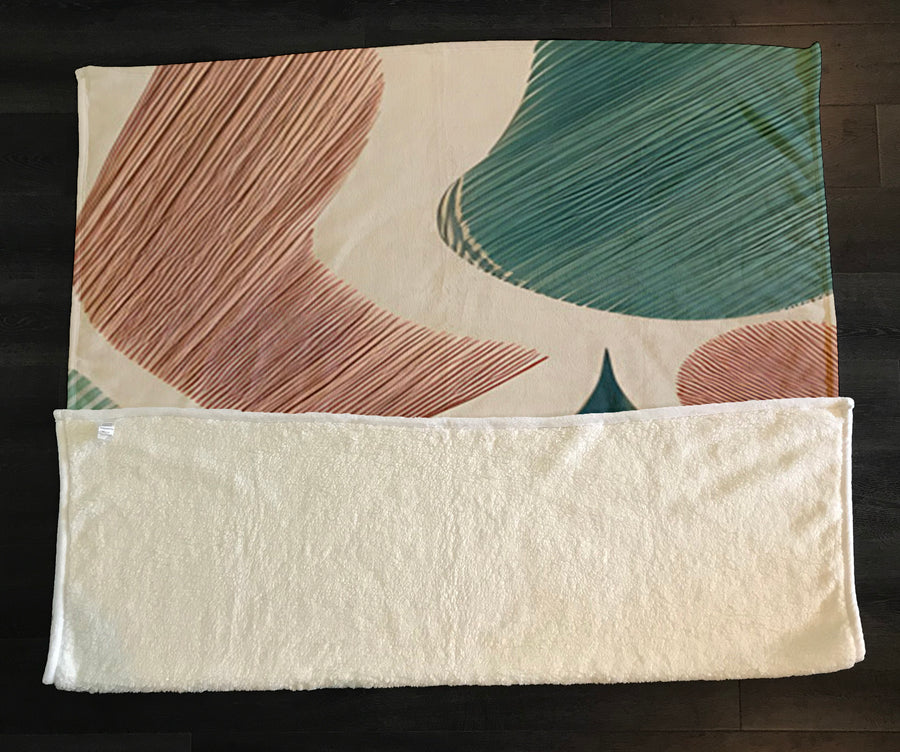 Beige and Green Organic Shape Pattern Fleece Sherpa Blanket