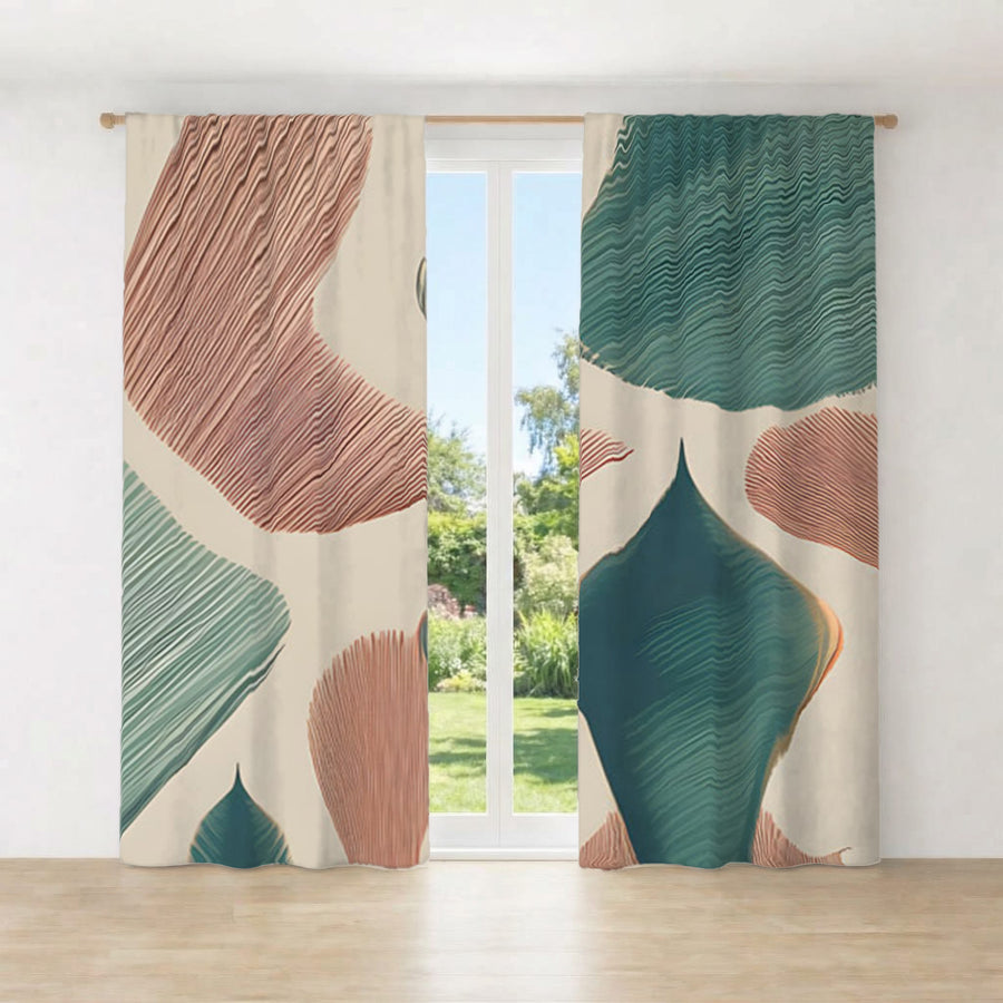 Beige and Green Organic Shape Pattern Window Curtains