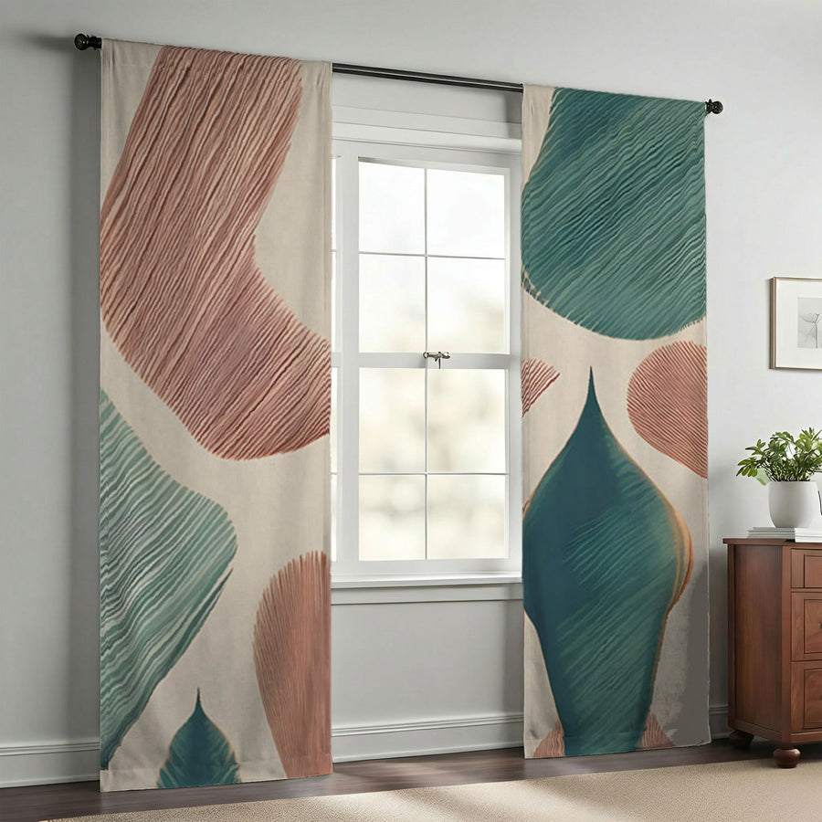 Beige and Green Organic Shape Pattern Window Curtains