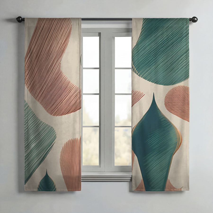 Beige and Green Organic Shape Pattern Window Curtains