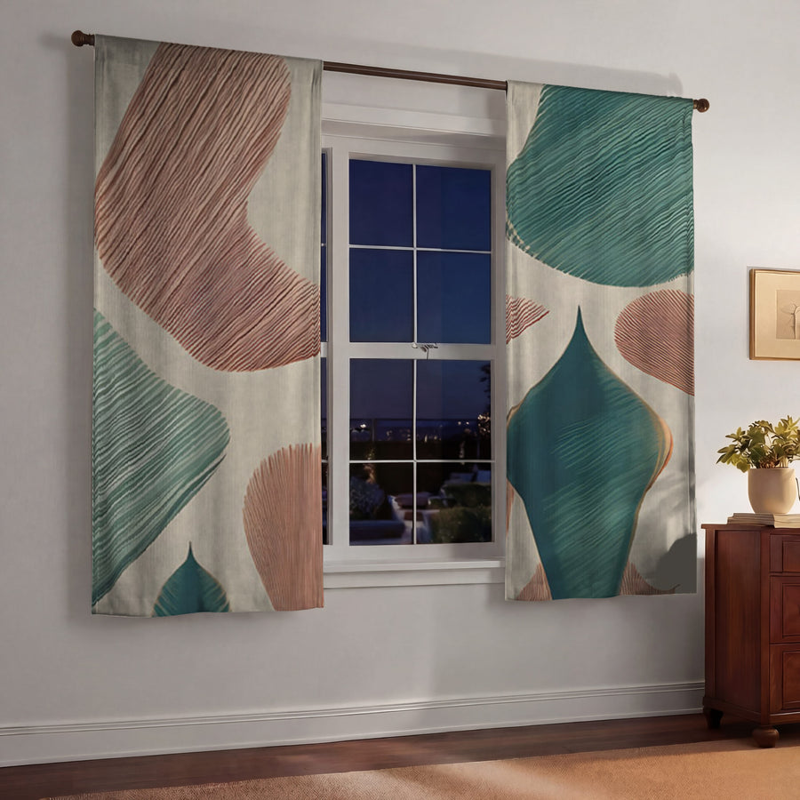 Beige and Green Organic Shape Pattern Window Curtains