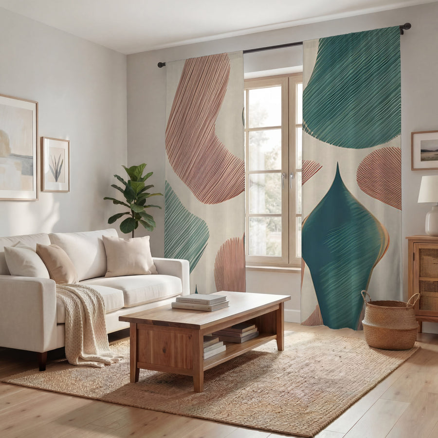 Beige and Green Organic Shape Pattern Window Curtains