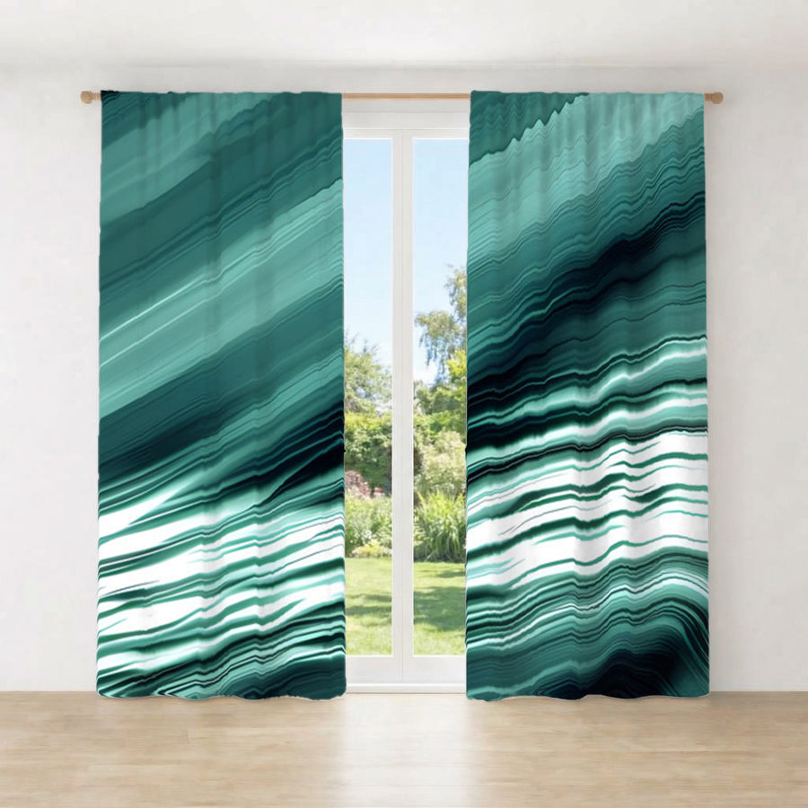 Teal Fluid Wave Abstract Pattern Window Curtains