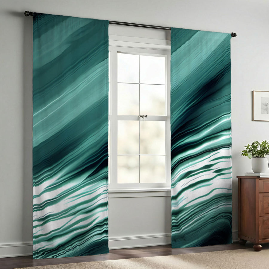 Teal Fluid Wave Abstract Pattern Window Curtains