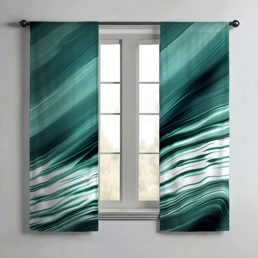 Teal Fluid Wave Abstract Pattern Window Curtains