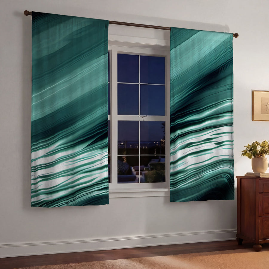 Teal Fluid Wave Abstract Pattern Window Curtains
