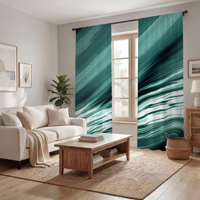 Teal Fluid Wave Abstract Pattern Window Curtains