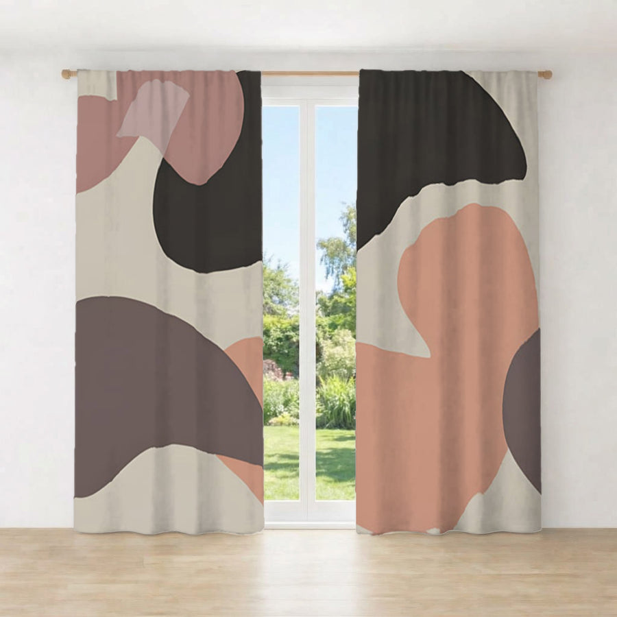 Beige and Brown Abstract Shape Pattern Window Curtains