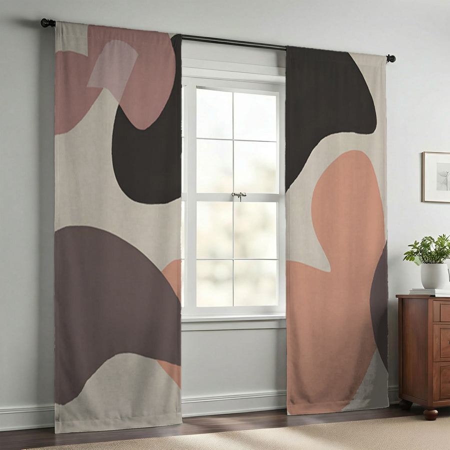 Beige and Brown Abstract Shape Pattern Window Curtains