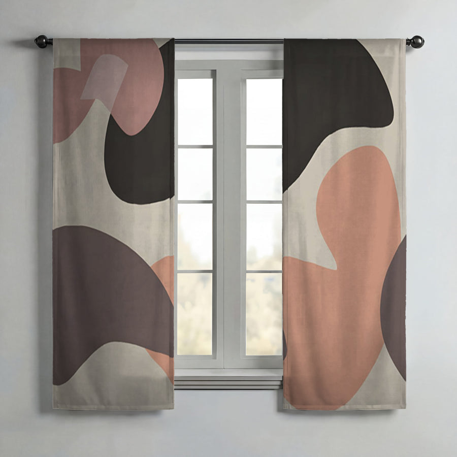 Beige and Brown Abstract Shape Pattern Window Curtains