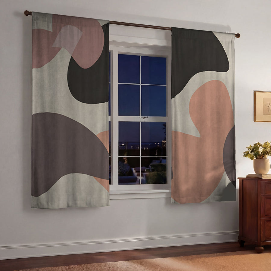 Beige and Brown Abstract Shape Pattern Window Curtains