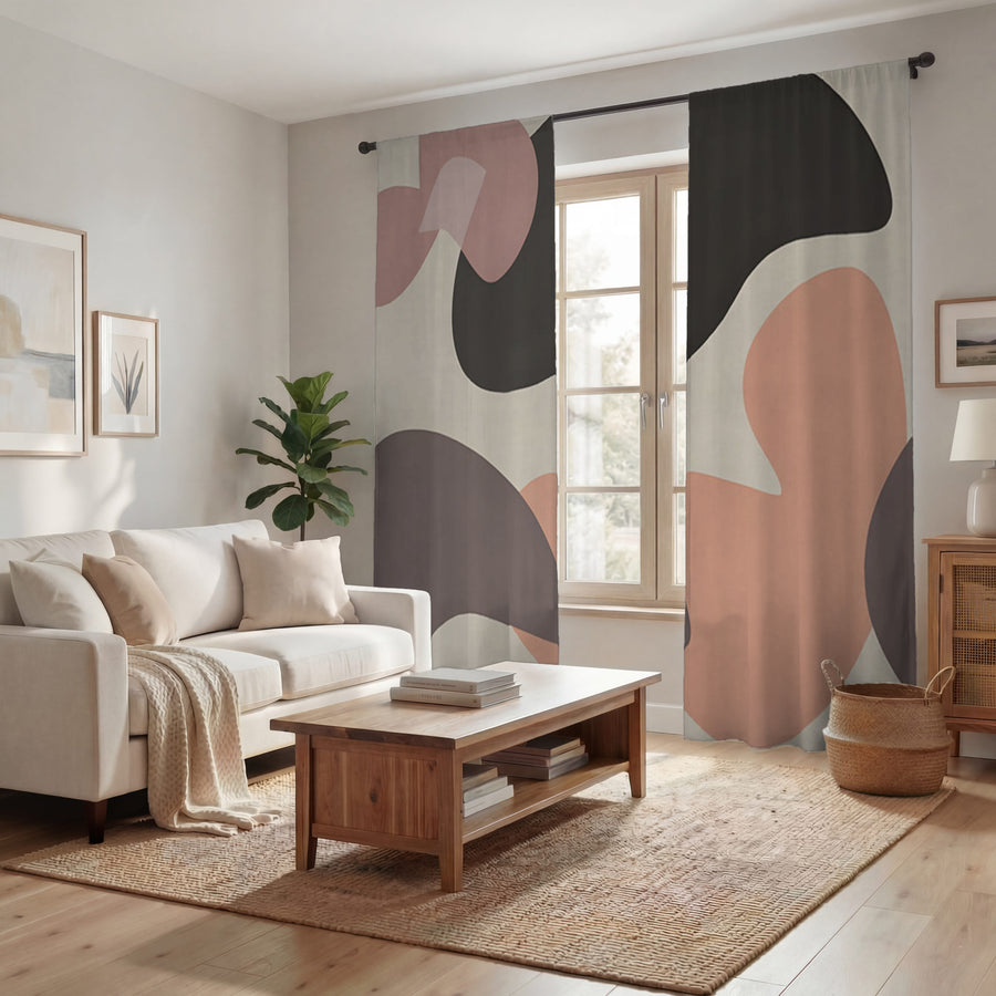 Beige and Brown Abstract Shape Pattern Window Curtains