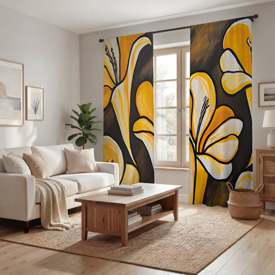 Yellow Floral Botanical Pattern Window Curtains