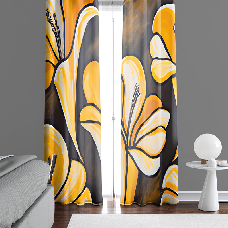 Floral Window Curtain - Yellow and Gray Lilies - Deja Blue Studios