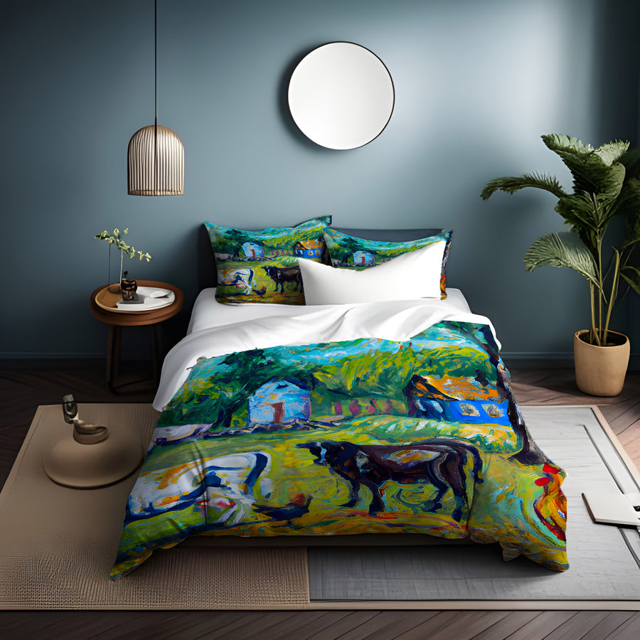 Green Pastoral Farm Landscape Artwork Duvet Cover