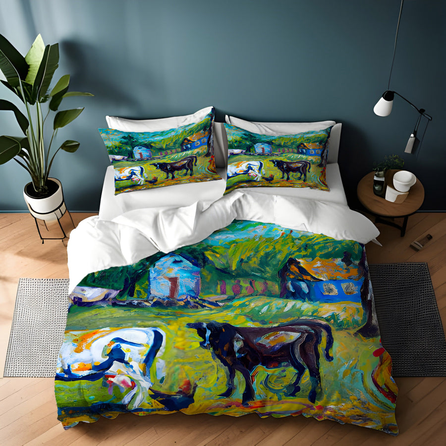 Green Pastoral Farm Landscape Artwork Duvet Cover
