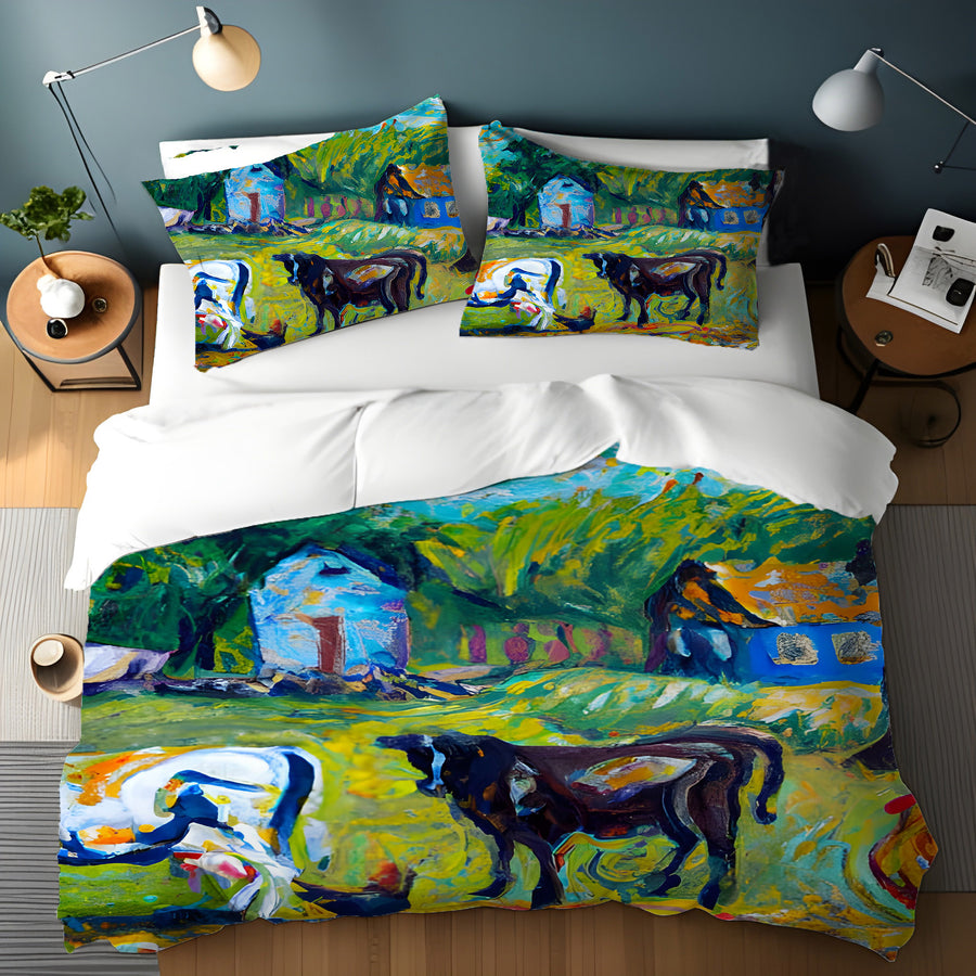 Green Pastoral Farm Landscape Artwork Duvet Cover