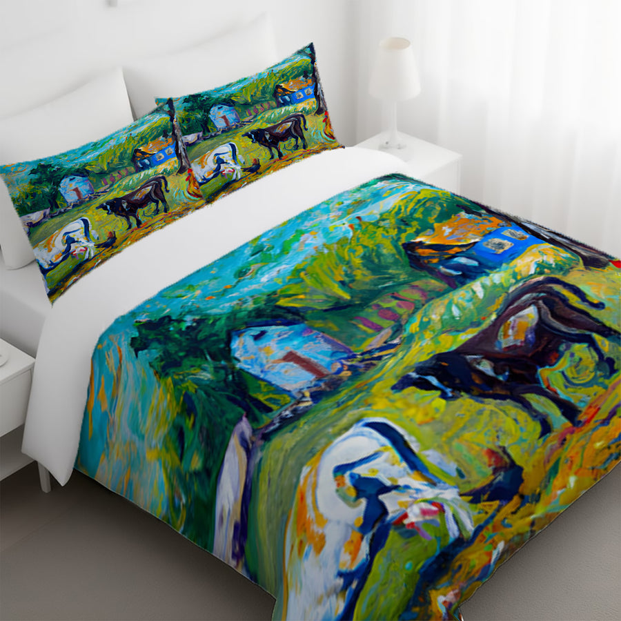 Green Pastoral Farm Landscape Artwork Duvet Cover