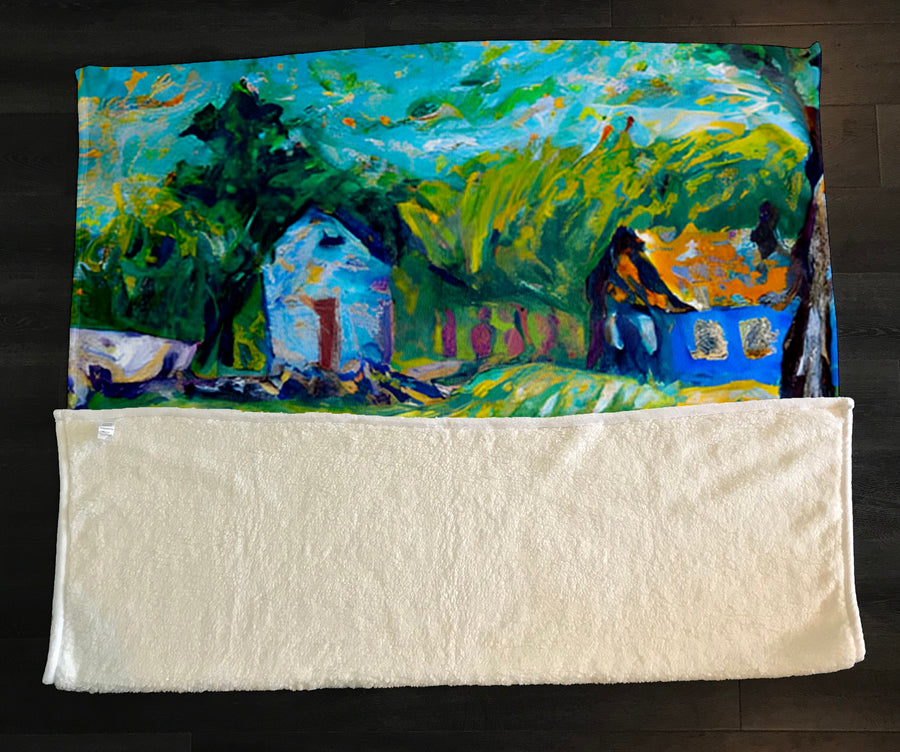 Green Pastoral Farm Landscape Artwork Fleece Sherpa Blanket