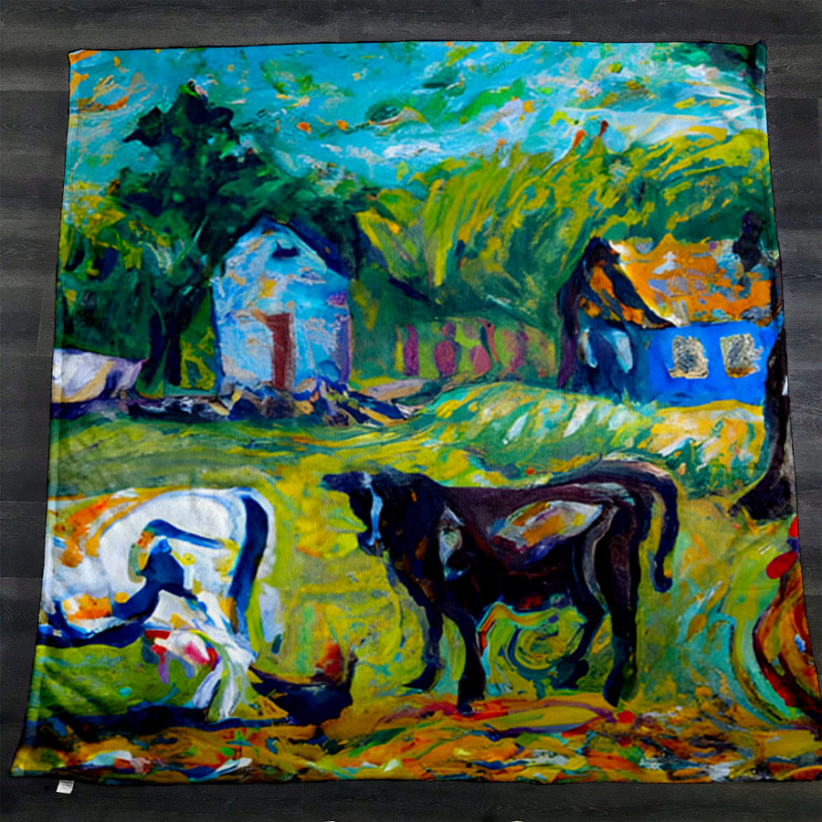 Green Pastoral Farm Landscape Artwork Fleece Sherpa Blanket
