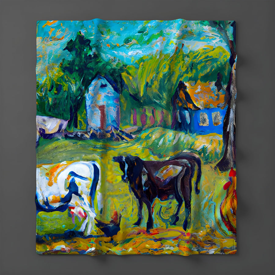 Green Pastoral Farm Landscape Artwork Fleece Sherpa Blanket