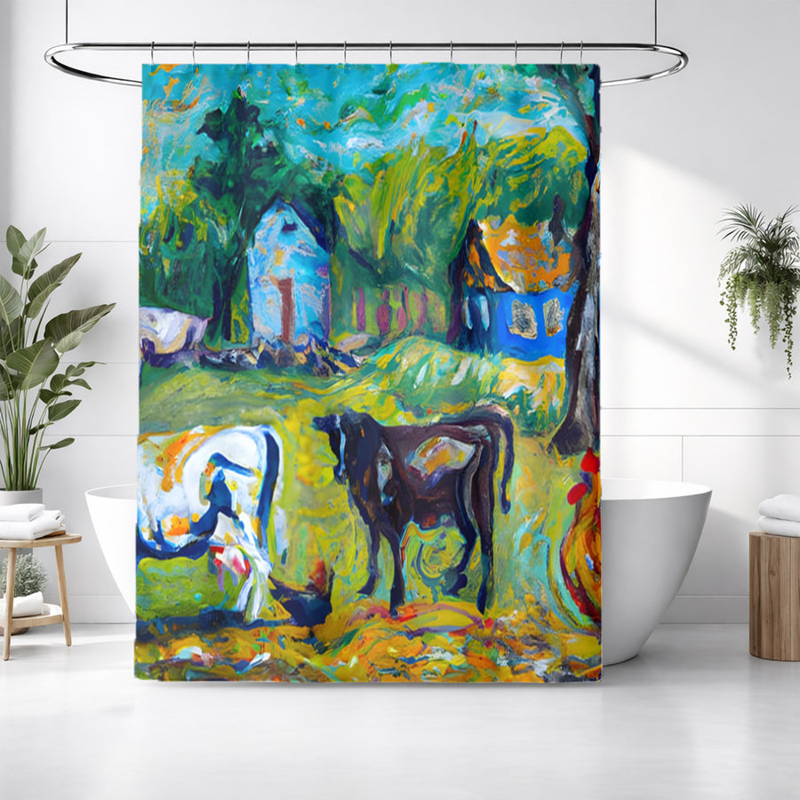 Green Pastoral Farm Landscape Artwork Shower Curtain