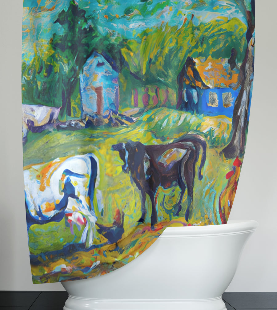 Green Pastoral Farm Landscape Artwork Shower Curtain