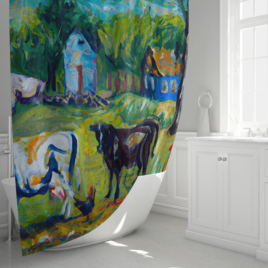Green Pastoral Farm Landscape Artwork Shower Curtain