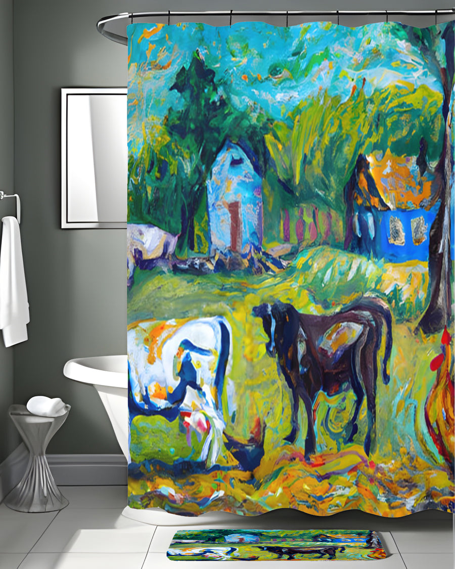 Green Pastoral Farm Landscape Artwork Shower Curtain