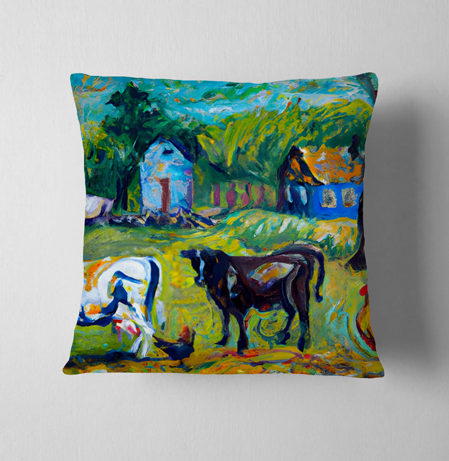 Green Pastoral Farm Landscape Artwork Throw Pillow Cover