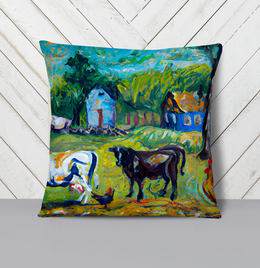 Green Pastoral Farm Landscape Artwork Throw Pillow Cover
