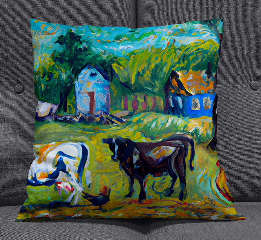 Green Pastoral Farm Landscape Artwork Throw Pillow Cover