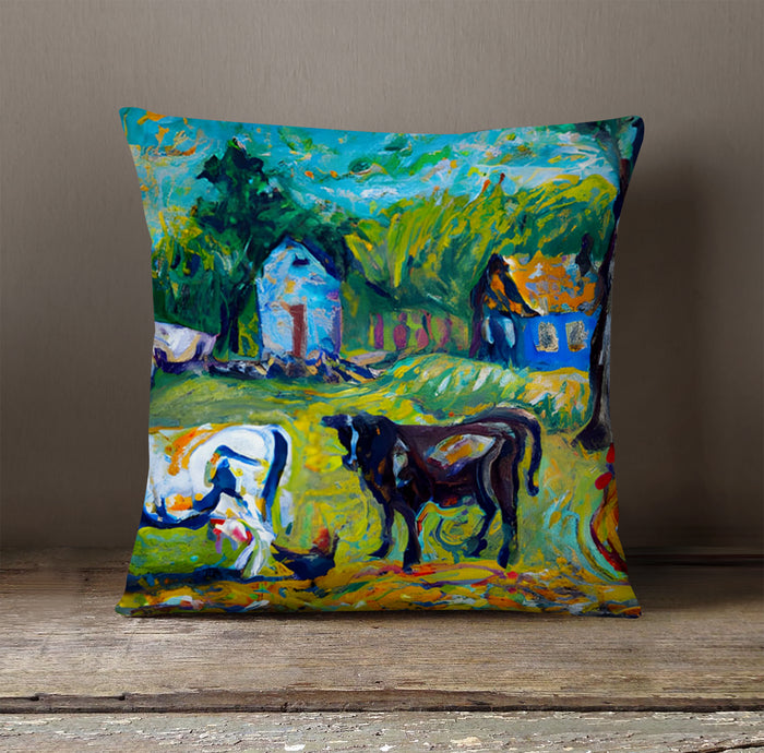 Green Pastoral Farm Landscape Artwork Throw Pillow Cover