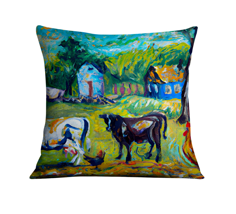Green Pastoral Farm Landscape Artwork Throw Pillow Cover