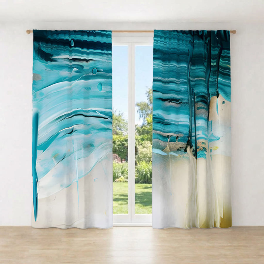 Teal Abstract Coastal Texture Pattern Window Curtains