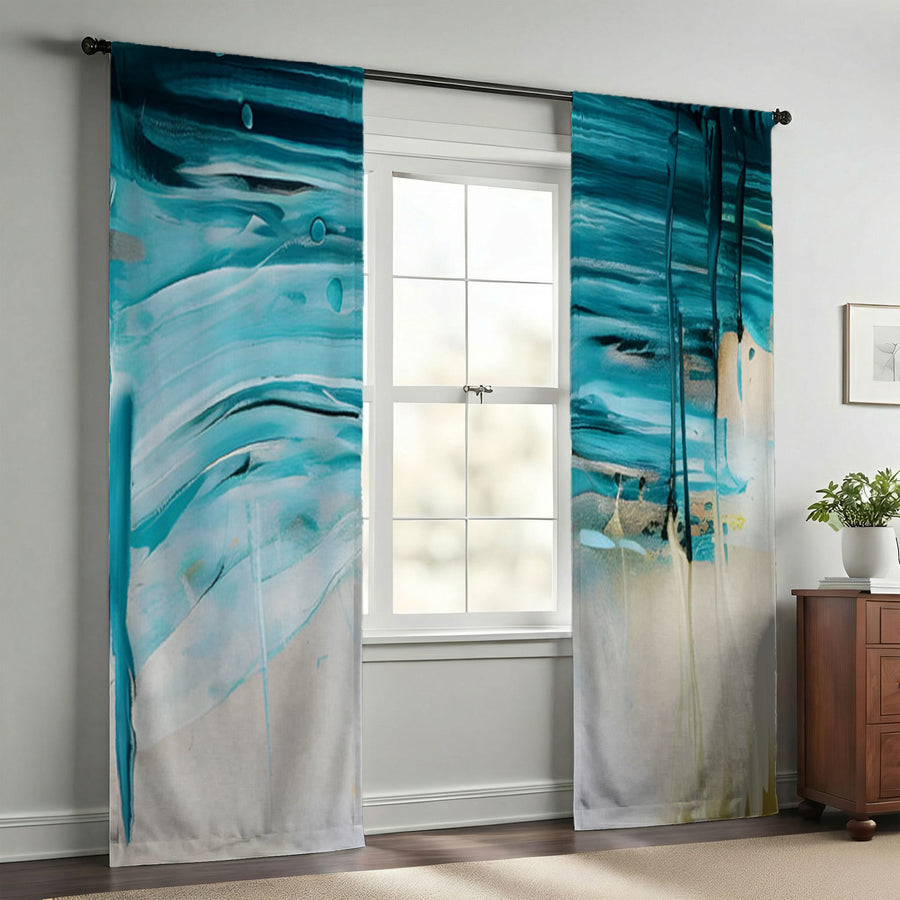 Teal Abstract Coastal Texture Pattern Window Curtains