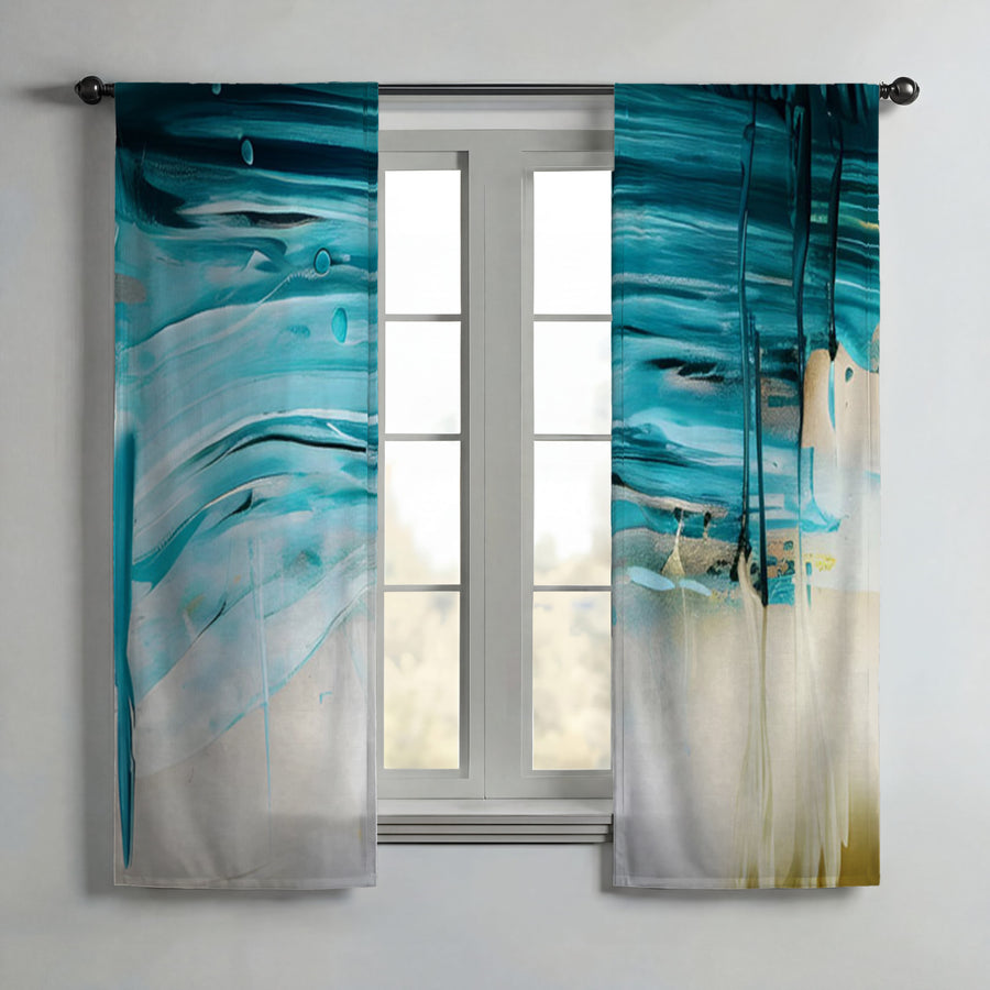 Teal Abstract Coastal Texture Pattern Window Curtains