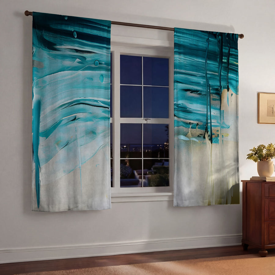 Teal Abstract Coastal Texture Pattern Window Curtains