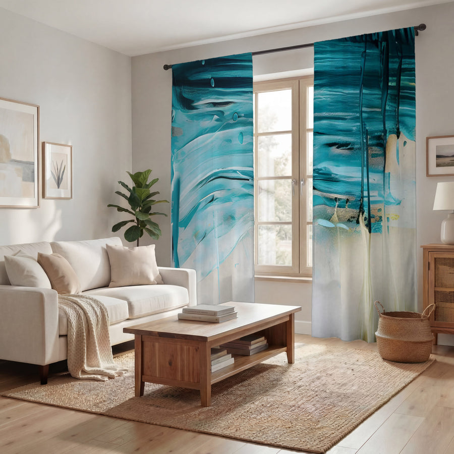 Teal Abstract Coastal Texture Pattern Window Curtains