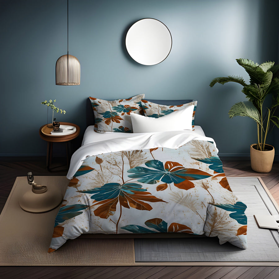 Beige and Teal Floral Botanical Pattern Duvet Cover