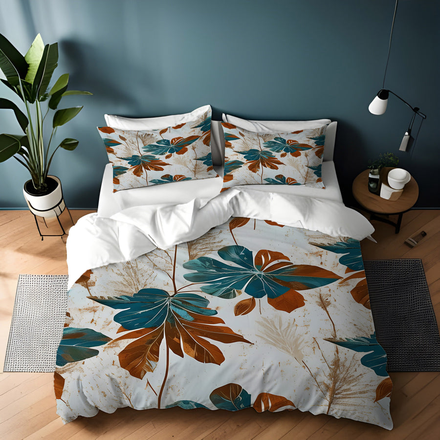 Beige and Teal Floral Botanical Pattern Duvet Cover