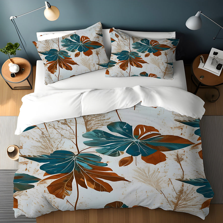 Beige and Teal Floral Botanical Pattern Duvet Cover