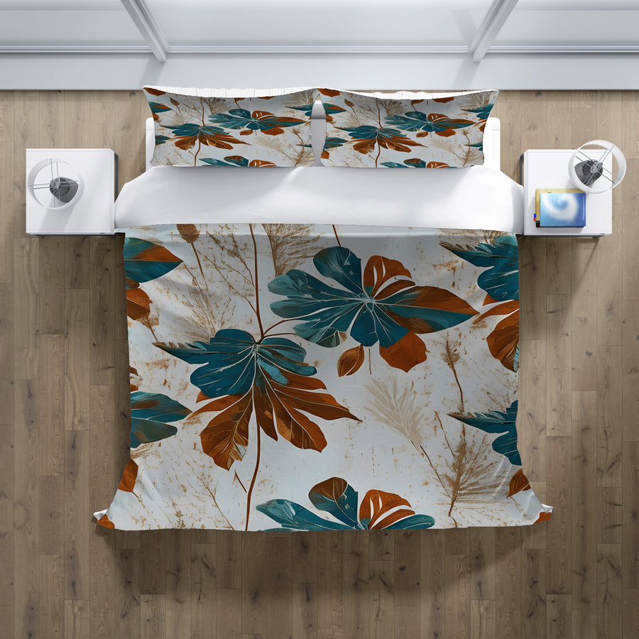 Beige and Teal Floral Botanical Pattern Duvet Cover