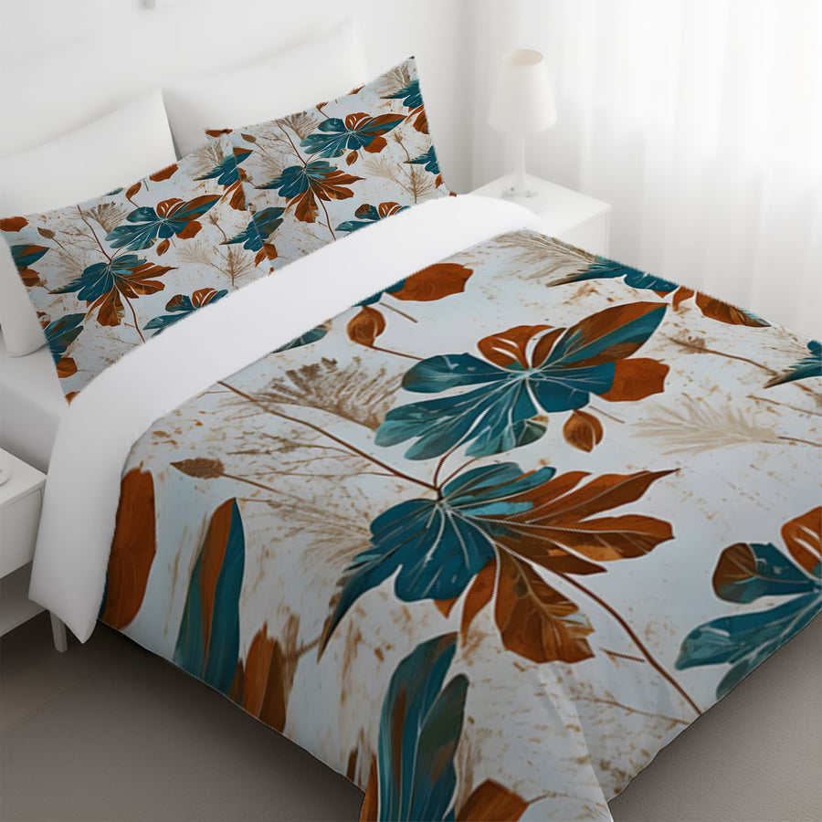 Beige and Teal Floral Botanical Pattern Duvet Cover