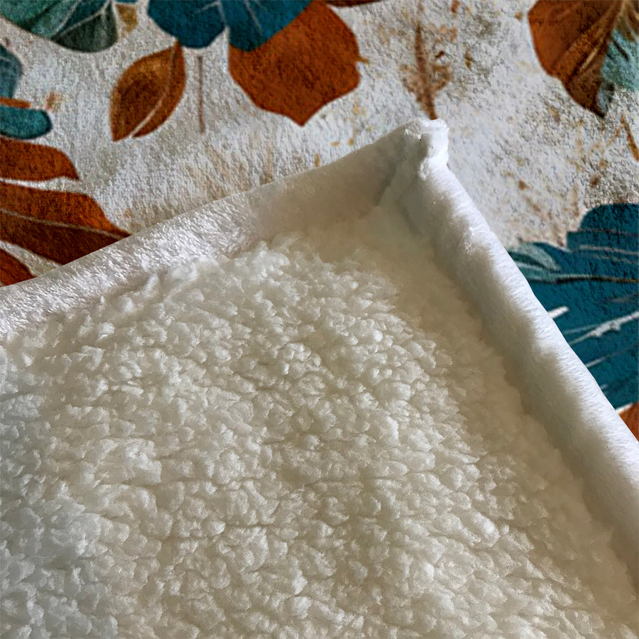 Beige and Teal Floral Botanical Pattern Fleece Sherpa Blanket